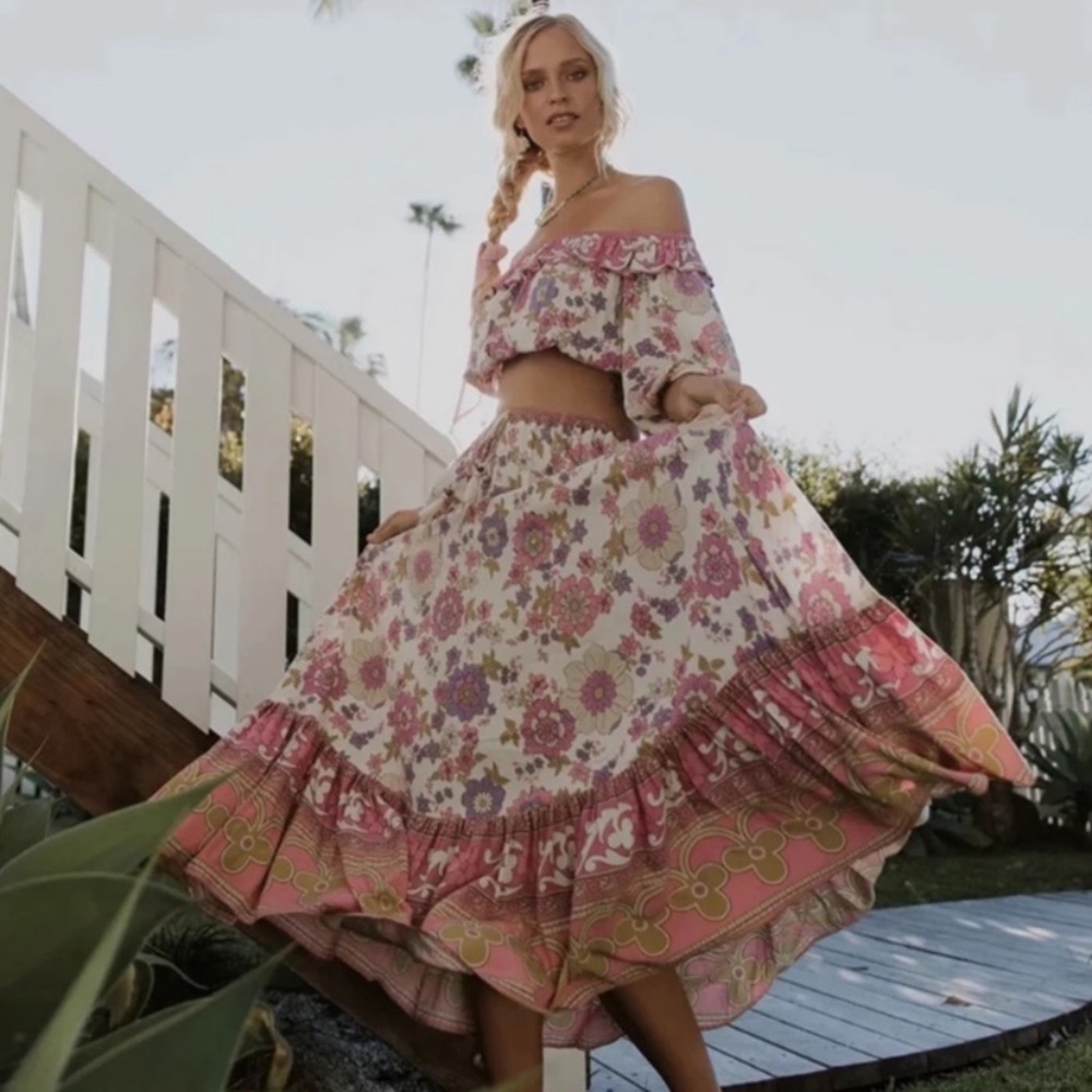 SOLD OUT Waverly Floral Gypsy Bohemian Off Shoulder Blouse & Maxi Ruffle Skirt - Picture 2 of 13